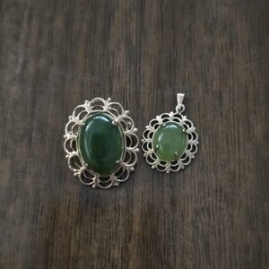 12k gf Brooch Vintage Gold Filled Filigree Framed Green Stone Pin & Pendant